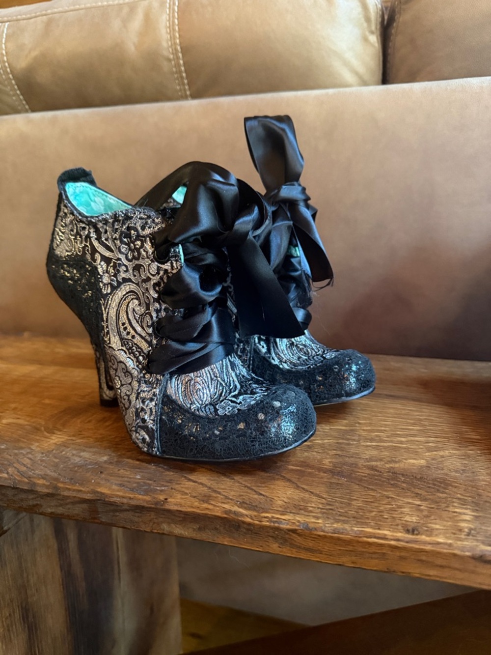 Irregular Choice Black Brocade Heeled Boots with Teal Lining - Picture 7 of 7